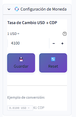 Configuración de tasa de cambio USD a COP para visualizar costos en pesos colombianos